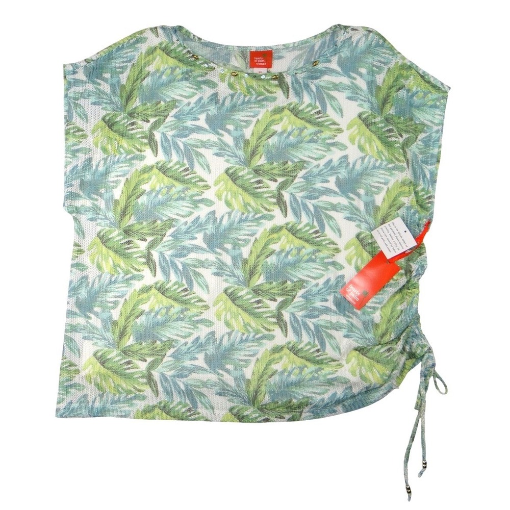 Hearts of Palm Woman 3X Tropical Leaf Print Tunic‎ Top Drawstring Side Accent